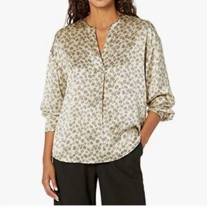 Vince Zinnia Floral Blouse 3/4 Sleeve Split Neck Designer Brown Silk Size XS
